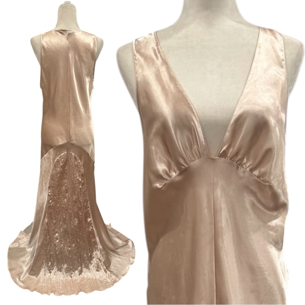 🌺SOLD🌺 Jacalyn Bennett Silky Satin Sheer Chiffon Champagne Maxi Gown Slip Dress - Picture 7 of 8